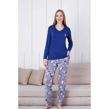 Çiçek Desenli Kadın Pijama Takımı - V Yaka Bamboo Likralı Viskon Uzun Kollu 2837UY