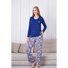 Çiçek Desenli Kadın Pijama Takımı - V Yaka Bamboo Likralı Viskon Uzun Kollu 2837UY