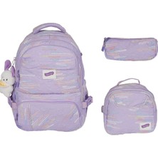 Kız Çocuk Zikzak Desenli Lila 3’lü Okul Çantası – Kore Tarzı , Peluş Detaylı Set