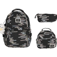 Kız Çocuk Zigzag Desenli Siyah 3’lü Okul Çantası – Kore Tarzı , Peluş Detaylı Set