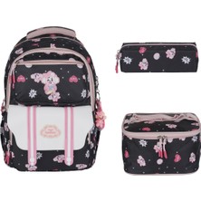 Kore Tarzı Siyah Pembe Desenli Kız Çocuk Ilkokul Çantası Seti 3'lü Set Beslenme Çantası, Kalemlik