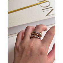 Zirkon Taşlı Üçlü Halka Çelik Yüzük Gold