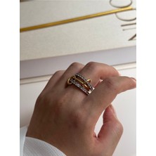 Zirkon Taşlı Üçlü Halka Çelik Yüzük Gold
