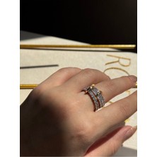 Üçlü Zirkon Detaylı Gold Halka Yüzük”
