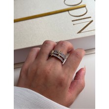 Üçlü Zirkon Detaylı Gold Halka Yüzük”