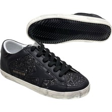 Women's Golden Goose Super-Star In Black Nappa And Glitter With Glossy Black leather star - Kadın Ayakkabı