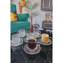 12 Parça Cam Kahve Fincan Seti Origami Çizgili Desenli Fincan Cam Tabaklı Çay Takımı 125CC