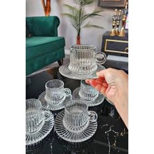12 Parça Cam Kahve Fincan Seti Origami Çizgili Desenli Fincan Cam Tabaklı Çay Takımı 125CC