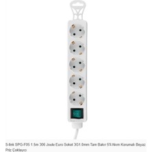 S-Link SPG-F05 1.5m 306 Joule Euro Soket 3g1.0mm Tam Bakır 5li Akım Korumalı Beyaz Priz Çoklayıcı