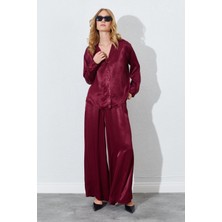 Kadın Bordo Beli Ince Lastik Detaylı Saten Pantolon