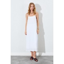 Kadın Ekru Ip Askılı Kırışık Uzun Elbise