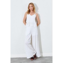 Kadın Ekru Ip Askılı Kısa Pantolonlu Kırışık Takım