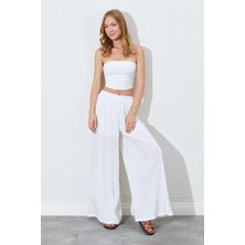 Kadın Ekru Beli Lastikli Bol Paça Kırışık Pantolon