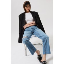 Lazer Kesim Yüksek Bel Mavi Jean