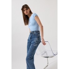 Baskılı Düşük Bel Mavi Jean