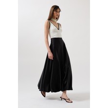 Saten Balon Detay Midi Siyah Etek