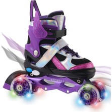 Melek Kanatlı Işıklı Çocuk Pateni Silikon Teker Ayarlanabilir Paten Taşıma Çantalı Mor