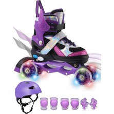 Melek Kanatlı Işıklı Çocuk Pateni Kask ve Dizlik Seti Silikon Teker Ayarlanabilir Paten Çantalı