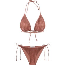 Piliseli Saten Kahve Üçgen Bikini Takım-