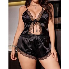 Aria's Closet Büyük Beden Siyah Dantel Işlemeli Saten Şortlu Takım