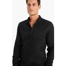 DeFacto Slim Fit Dar Kesim Polo Yaka Dokulu Uzun Kollu Siyah Gömlek T2066AZ25SP