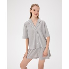 Ayma Active Kadın Gri Kısa Kollu Pijama Gömlek - Viskoz Karışım, Düğmeli, Gömlek Yaka, Serin Tutan Yazlık Pijama Üstü