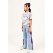 Yan Şeritli Yüksek Bel Wide Leg Geniş Paça Jean Kız Çocuk Pantolon