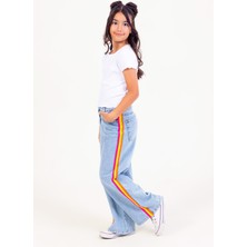 Yan Şeritli Yüksek Bel Wide Leg Geniş Paça Jean Kız Çocuk Pantolon