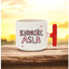 Kahvesiz Asla Tasarımlı Kırmızı T Kulplu Seramik Baskılı Kupa Bardak 250 ml