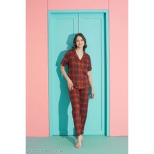 Pijamoni Kadın E. Kırmızı Milan Kumaş Önden Düğmeli Gömlek Yaka Pijama Takımı – 7515