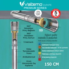 Valtemo Europe 150 Cm Krom, Patlamaz, Gerçek Prinç, Çift Kenetli, 5 Katmanlı, Sağlıklı Fiskiye Hortumu Vs-228
