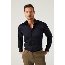 D'S Damat Ds Damat Slim Fit Lacivert Düz Gömlek 4HE02DY05006M