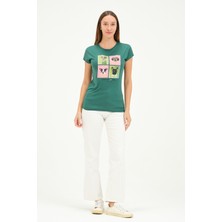 Bisiklet Yaka Kısa Kollu Normal Size Baskılı Basic Kadın T-Shirt 20601 Koyu Yeşil
