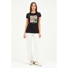 Bisiklet Yaka Kısa Kollu Normal Size Baskılı Basic Kadın T-Shirt 20601 Siyah
