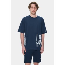 Ucla Ignıso Lacivert Bisiklet Yaka Baskılı Oversize Erkek Tshirt