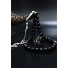 Doğal Oniks Taşlı Tesbih ve 925 Ayar Gümüş Yüzük Oniks Taşlı Zirkon Taş Süslemeli 901962