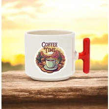 Coffee Time Tasarımlı Kırmızı T Kulplu Seramik Baskılı Kupa Bardak 250 ml