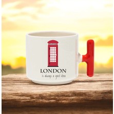 London Tasarımlı Kırmızı T Kulplu Seramik Baskılı Kupa Bardak 250 ml