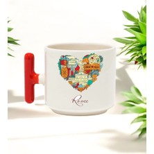 Rome Tasarımlı Kırmızı T Kulplu Seramik Baskılı Kupa Bardak 250 ml