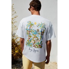 Grimelange ITALIA Erkek %100 Organik Pamuk Ön Arka Baskı Detaylı Oversize Kısa Kol Beyaz T-Shirt