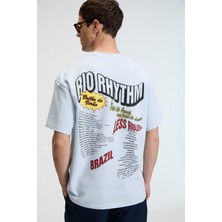Grimelange YUM Erkek Oversize Baskılı Yuvarlak Yaka Mavi T-Shirt