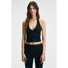 Grimelange MORIENNE Kadın Halter Yaka Kalın Askılı Sırtı Açık Crop Siyah Bluz