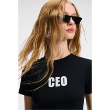 Ethiquet VELINA Kadın Bisiklet Yaka Kısa Kollu Önü Baskılı Slim Siyah T-Shirt