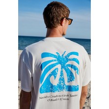 Grimelange Copacabana Erkek Ön Arka Çatlayan Baskı Detaylı %100 Organik Pamuk Oversize Kısa Kollu Beyaz T-shirt