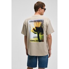 Grimelange COLLECTIVE Erkek Ön Nakış Arka Baskı Detaylı %100 Organik Pamuk Oversize Kısa Kol Taş Rengi T-Shirt