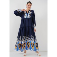 Gökyüzü Moda 2423 Otantik Desenli Tesettür Elbise - Lacivert 4