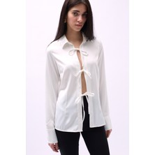 Bağlama Detay Saten Beyaz Gömlek