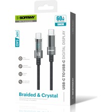 Soffany HM-540 Dijital Ekran Örgülü Hızlı Type-C To Type-C Şarj ve Data Kablosu, Estetik Tasarım, 60W 100CM, Andorid iPhone iPad Ipod Uyumlu, Siyah