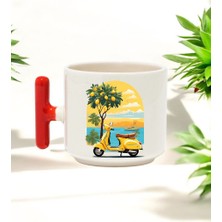 Tatil Mood Tasarımlı Kırmızı T Kulplu Seramik Baskılı Kupa Bardak 250 ml