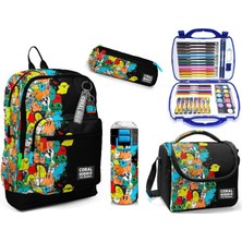 Coral High Kids Siyah Casper Desenli Çelik Termoslu Erkek Çocuk Ilkokul Çanta Seti-Beş Parçalı Set